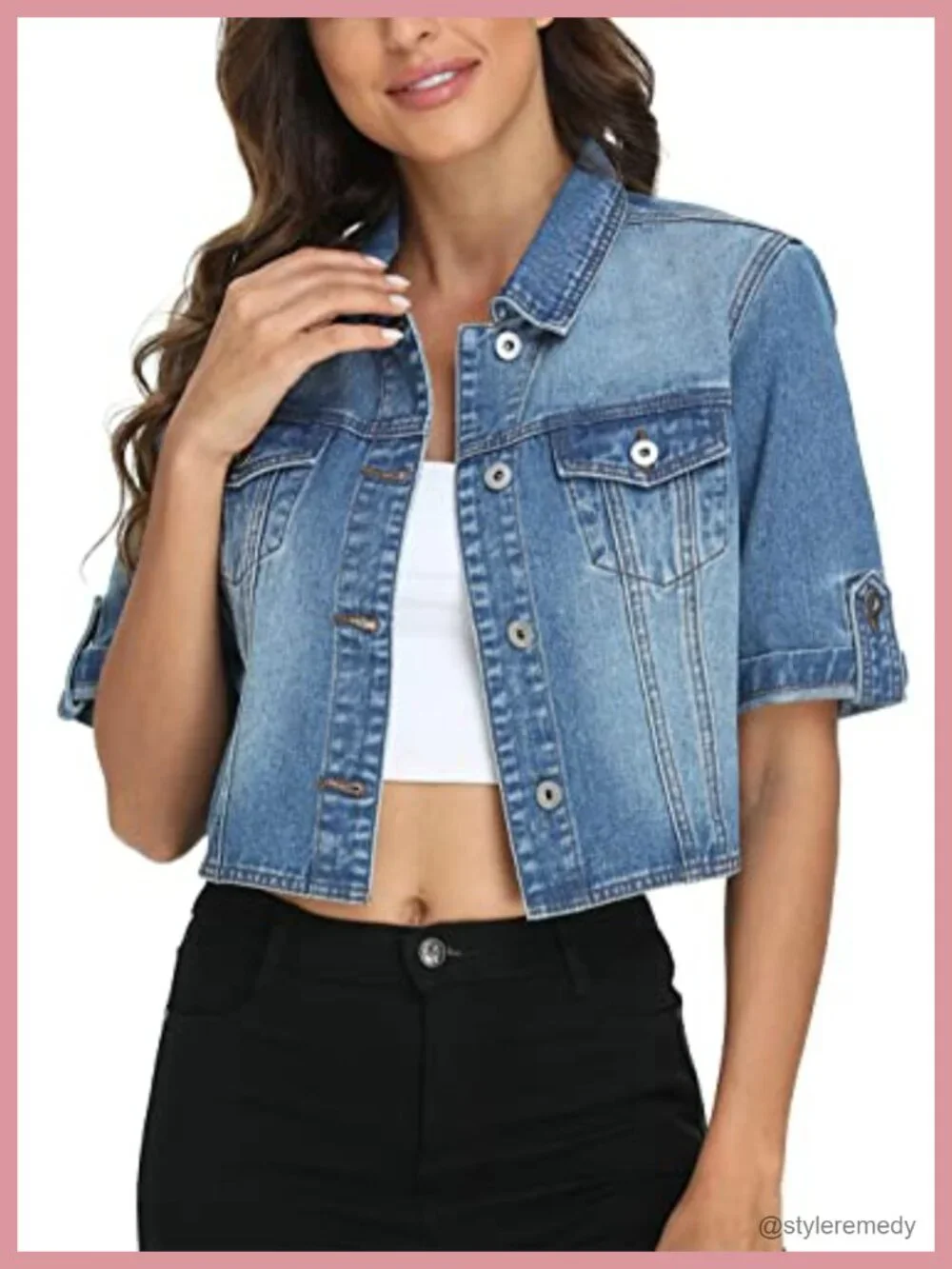Cropped Denim Jacket Short Sleeve Women's Summer Stretch Cotton Blend